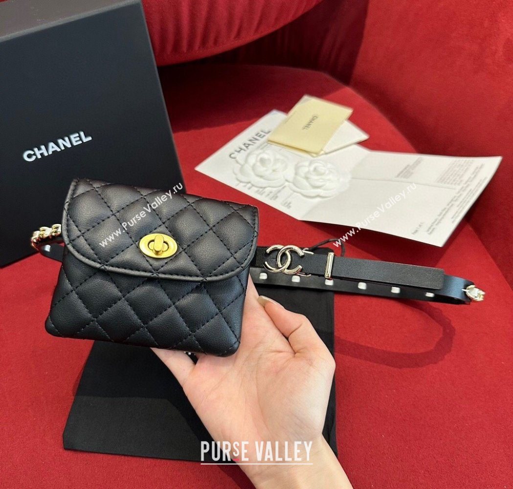 Chanel Quilted Lambskin Leather Pouch Belt 1.5cm with Chain Black 2025 CH091304 (99-250912011)