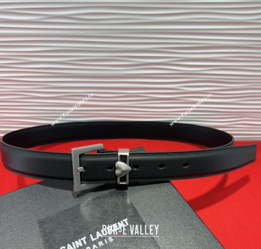 Saint Laurent Calfskin Leather Belt 3cm with Heart Charm Black/Silver 2025 YSL091201 (99-250912022)