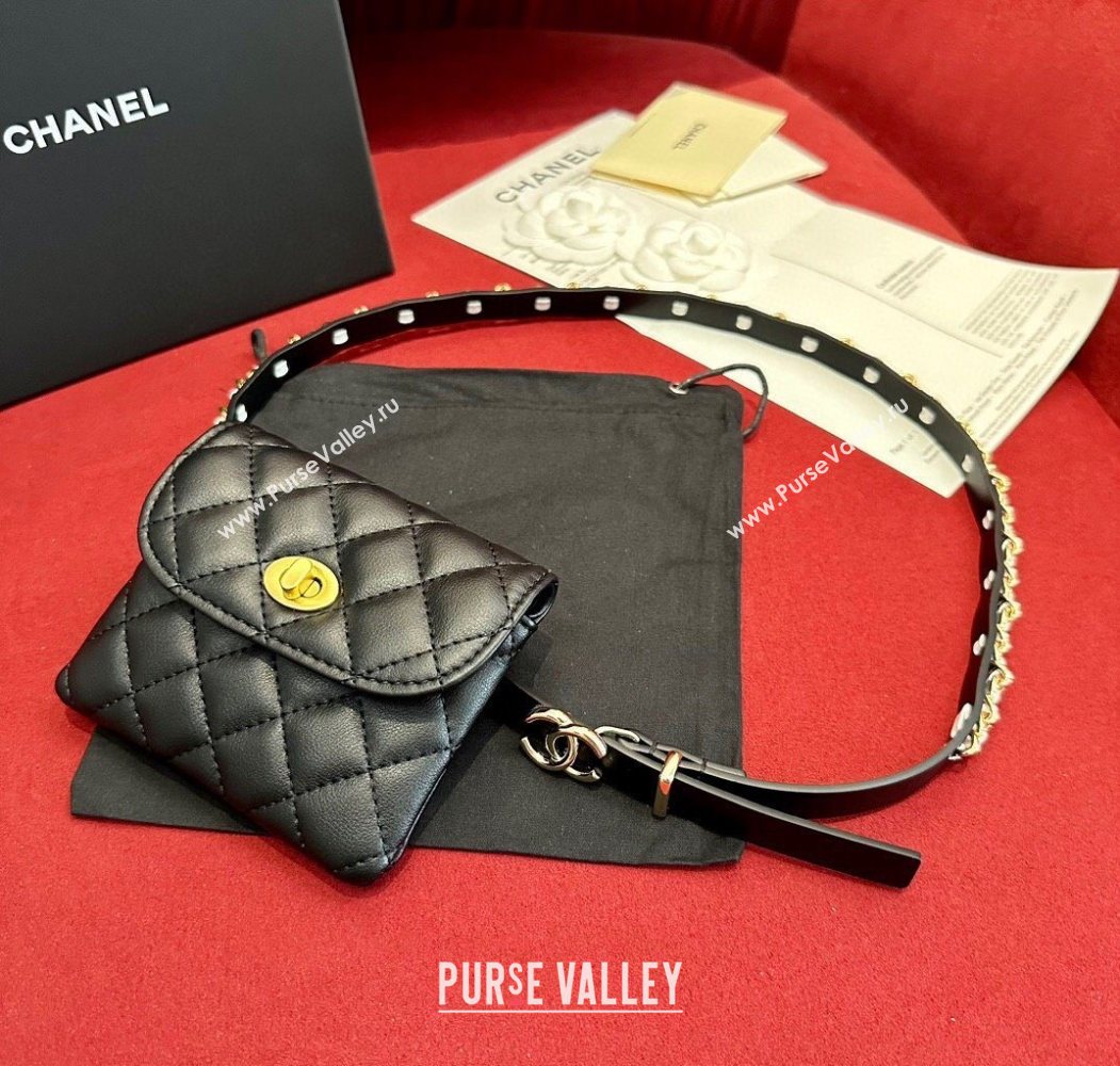 Chanel Quilted Lambskin Leather Pouch Belt 1.5cm with Chain Black 2025 CH091304 (99-250912011)