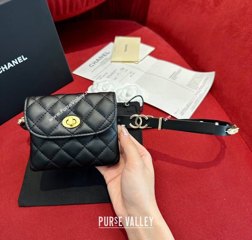Chanel Quilted Lambskin Leather Pouch Belt 1.5cm with Chain Black 2025 CH091304 (99-250912011)
