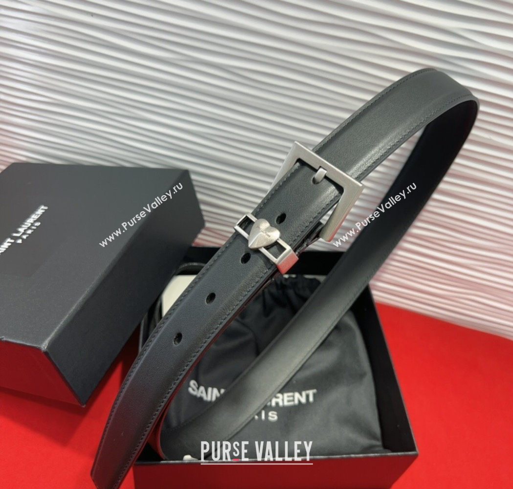Saint Laurent Calfskin Leather Belt 3cm with Heart Charm Black/Silver 2025 YSL091201 (99-250912022)