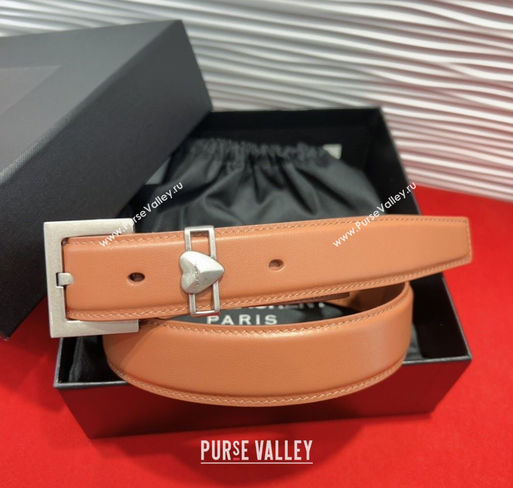 Saint Laurent Calfskin Leather Belt 3cm with Heart Charm Tan Brown/Silver 2025 YSL091201 (99-250912023)