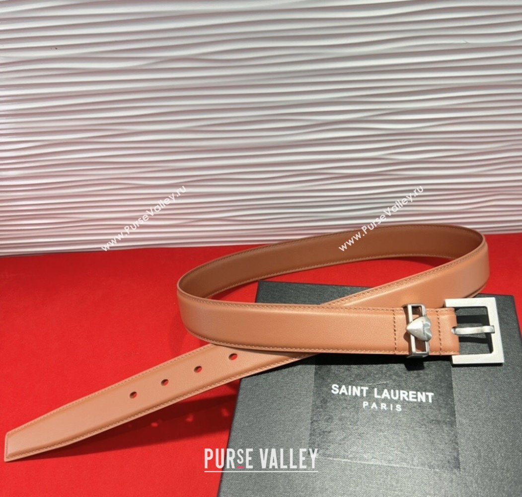 Saint Laurent Calfskin Leather Belt 3cm with Heart Charm Tan Brown/Silver 2025 YSL091201 (99-250912023)