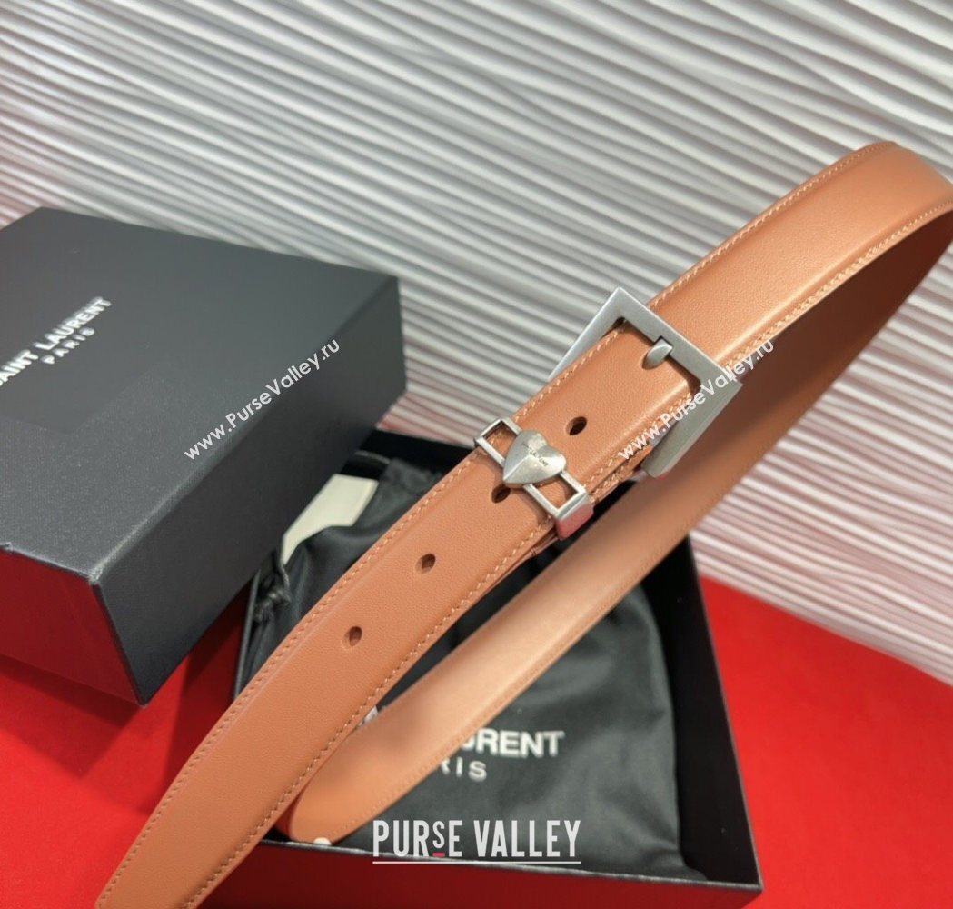 Saint Laurent Calfskin Leather Belt 3cm with Heart Charm Tan Brown/Silver 2025 YSL091201 (99-250912023)
