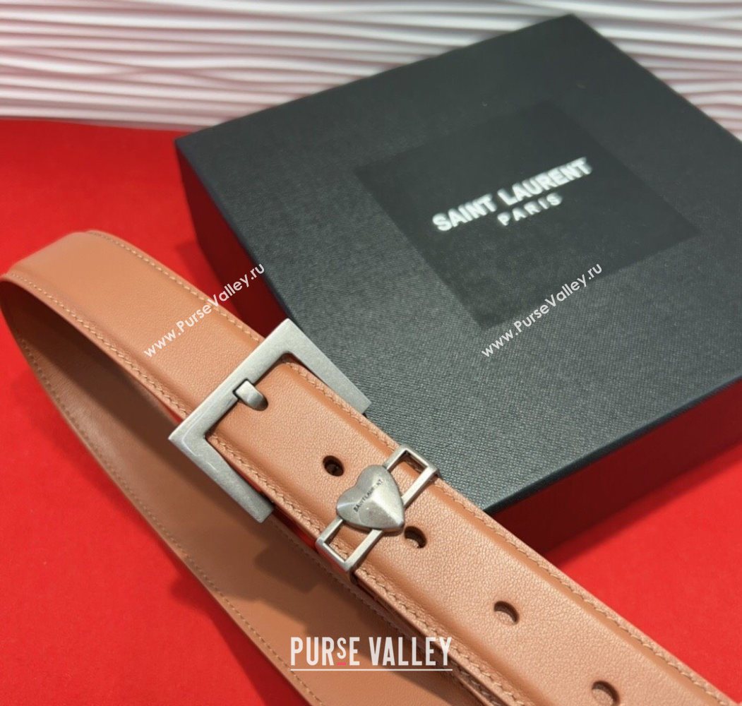Saint Laurent Calfskin Leather Belt 3cm with Heart Charm Tan Brown/Silver 2025 YSL091201 (99-250912023)