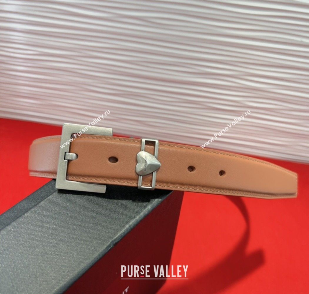 Saint Laurent Calfskin Leather Belt 3cm with Heart Charm Tan Brown/Silver 2025 YSL091201 (99-250912023)
