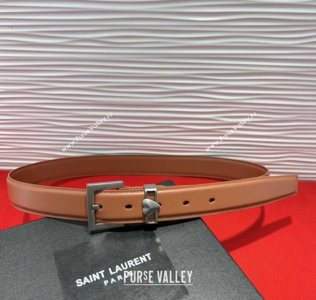 Saint Laurent Calfskin Leather Belt 3cm with Heart Charm Tan Brown/Silver 2025 YSL091201 (99-250912023)