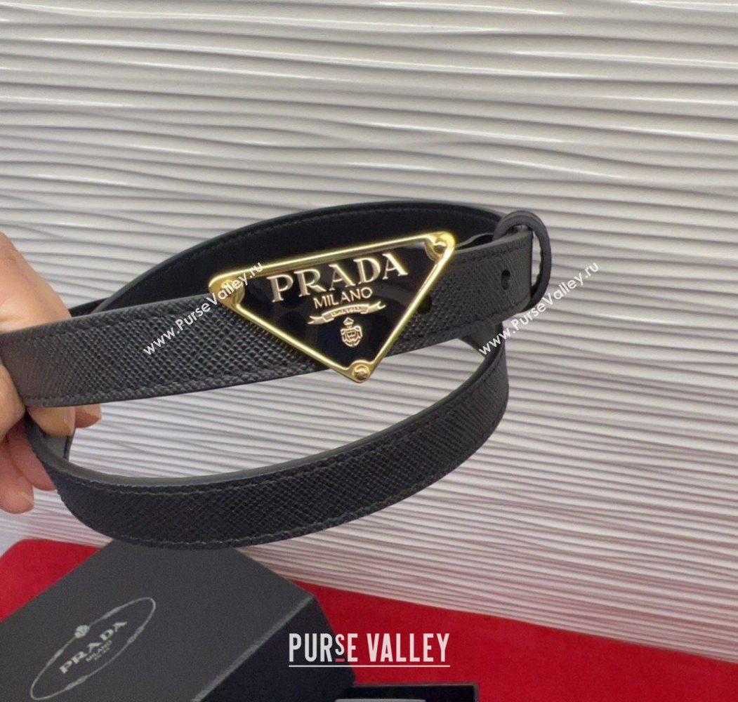 Prada Saffiano Leather Belt 1.5cm with Gold Triangle Logo Buckle Black 2025 PR091201 (99-250912146)