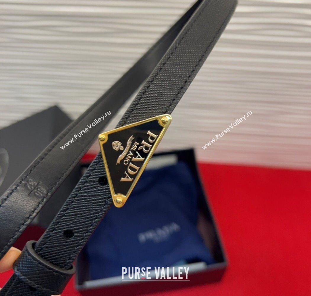 Prada Saffiano Leather Belt 1.5cm with Gold Triangle Logo Buckle Black 2025 PR091201 (99-250912146)