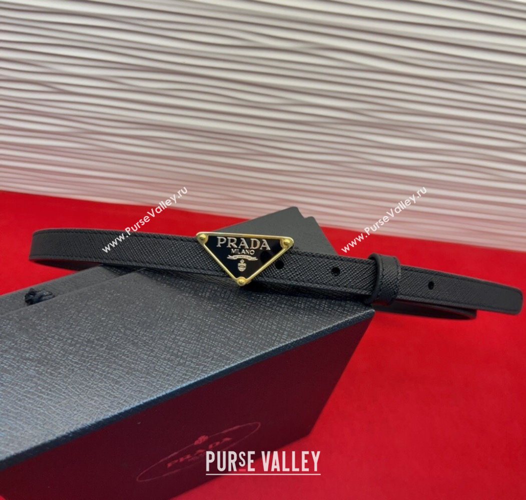 Prada Saffiano Leather Belt 1.5cm with Gold Triangle Logo Buckle Black 2025 PR091201 (99-250912146)
