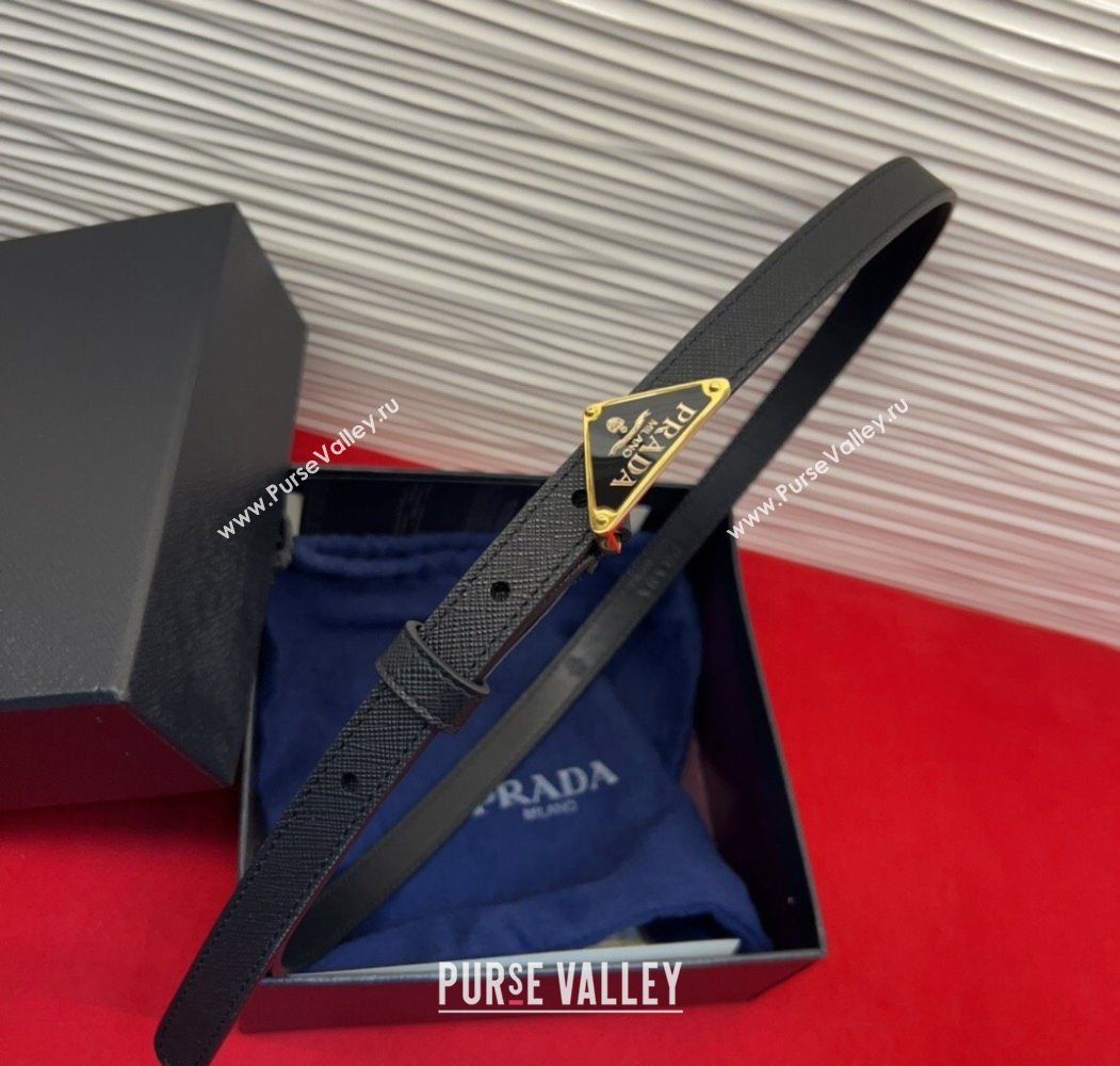 Prada Saffiano Leather Belt 1.5cm with Gold Triangle Logo Buckle Black 2025 PR091201 (99-250912146)