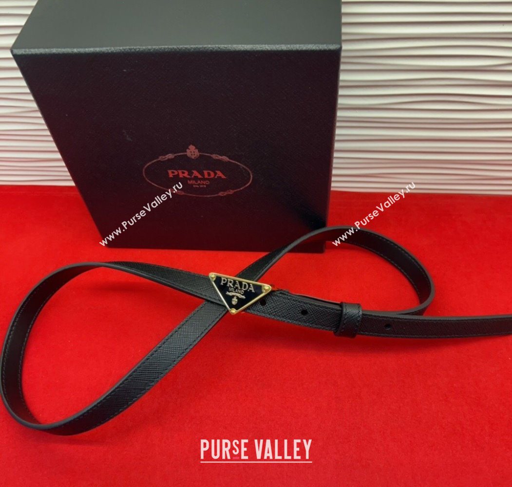 Prada Saffiano Leather Belt 1.5cm with Gold Triangle Logo Buckle Black 2025 PR091201 (99-250912146)