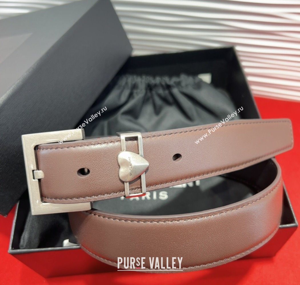Saint Laurent Calfskin Leather Belt 3cm with Heart Charm Dark Brown/Silver 2025 YSL091201 (99-250912024)