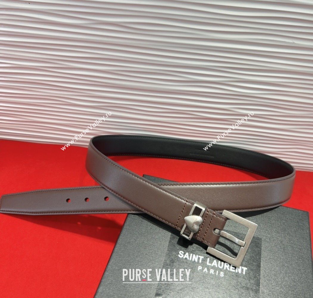 Saint Laurent Calfskin Leather Belt 3cm with Heart Charm Dark Brown/Silver 2025 YSL091201 (99-250912024)