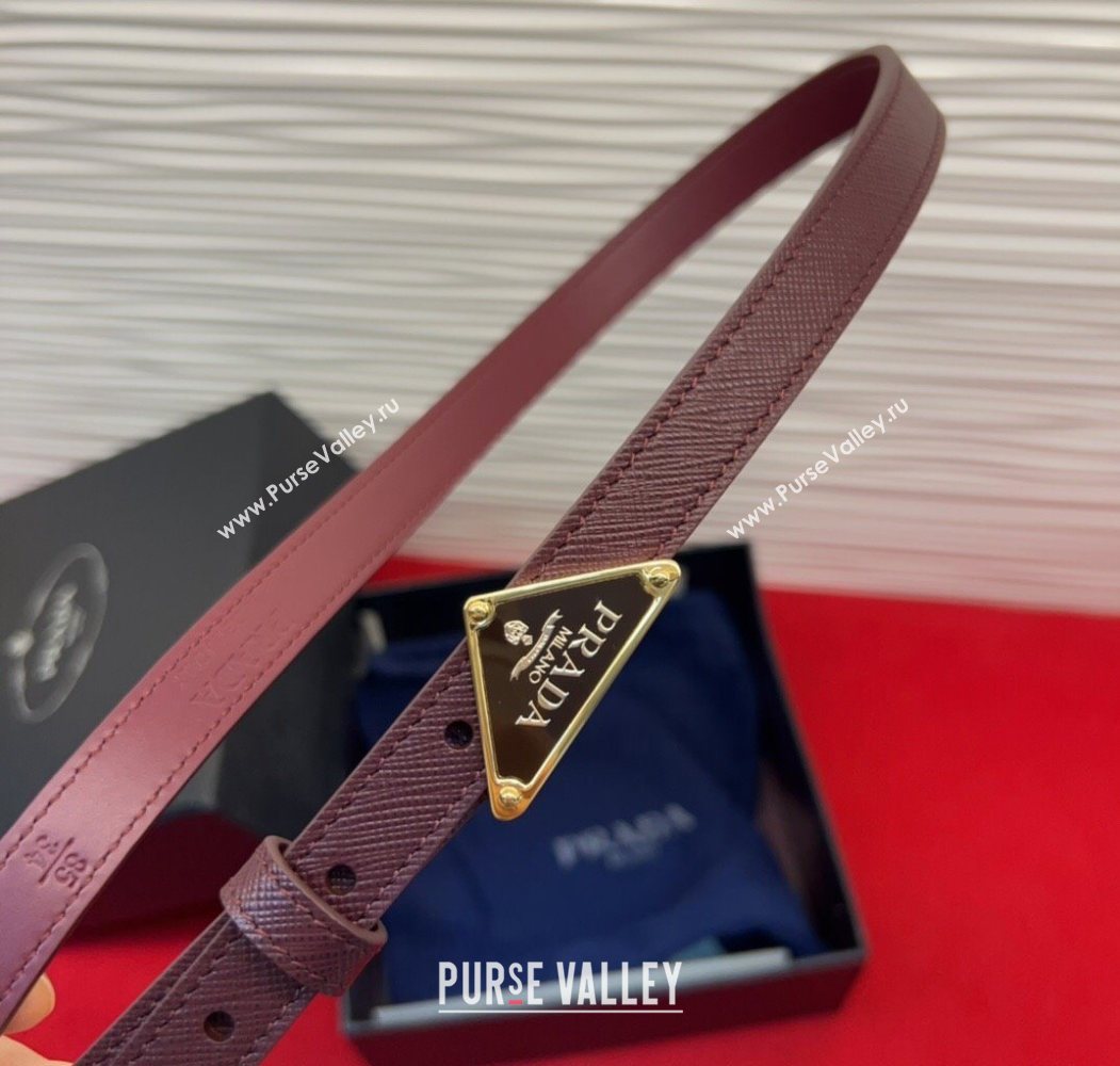 Prada Saffiano Leather Belt 1.5cm with Gold Triangle Logo Buckle Burgundy 2025 PR091201 (99-250912148)
