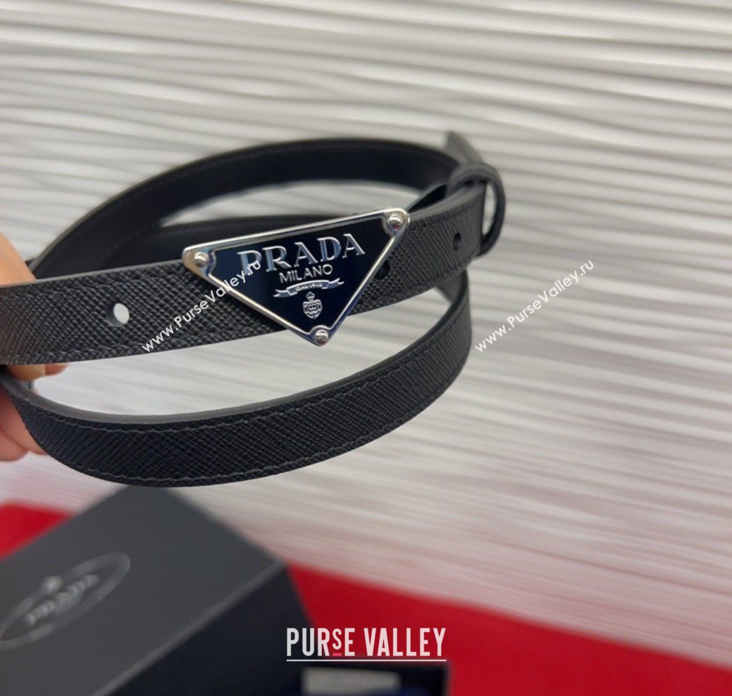 Prada Saffiano Leather Belt 1.5cm with Silver Triangle Logo Buckle Black 2025 PR091201 (99-250912149)