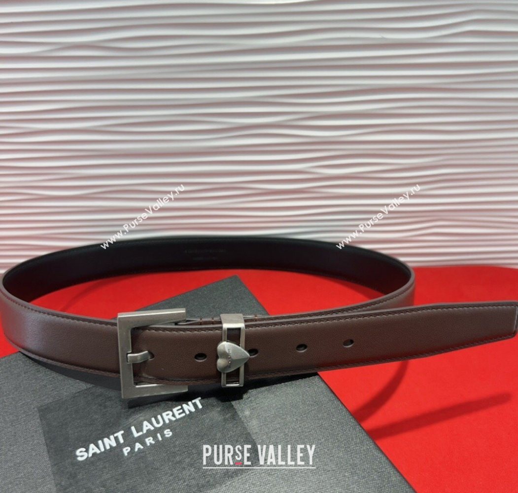 Saint Laurent Calfskin Leather Belt 3cm with Heart Charm Dark Brown/Silver 2025 YSL091201 (99-250912024)