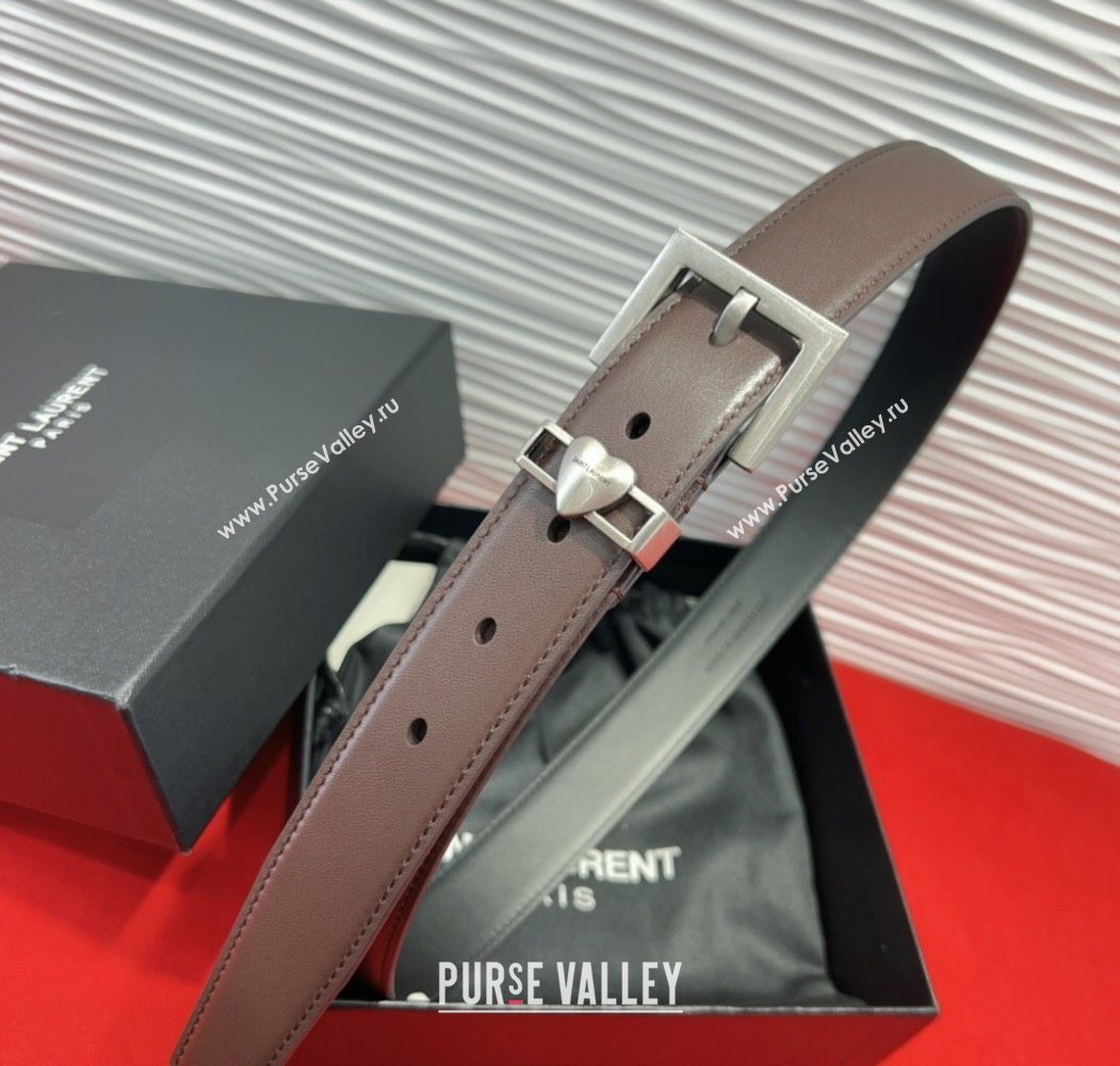 Saint Laurent Calfskin Leather Belt 3cm with Heart Charm Dark Brown/Silver 2025 YSL091201 (99-250912024)
