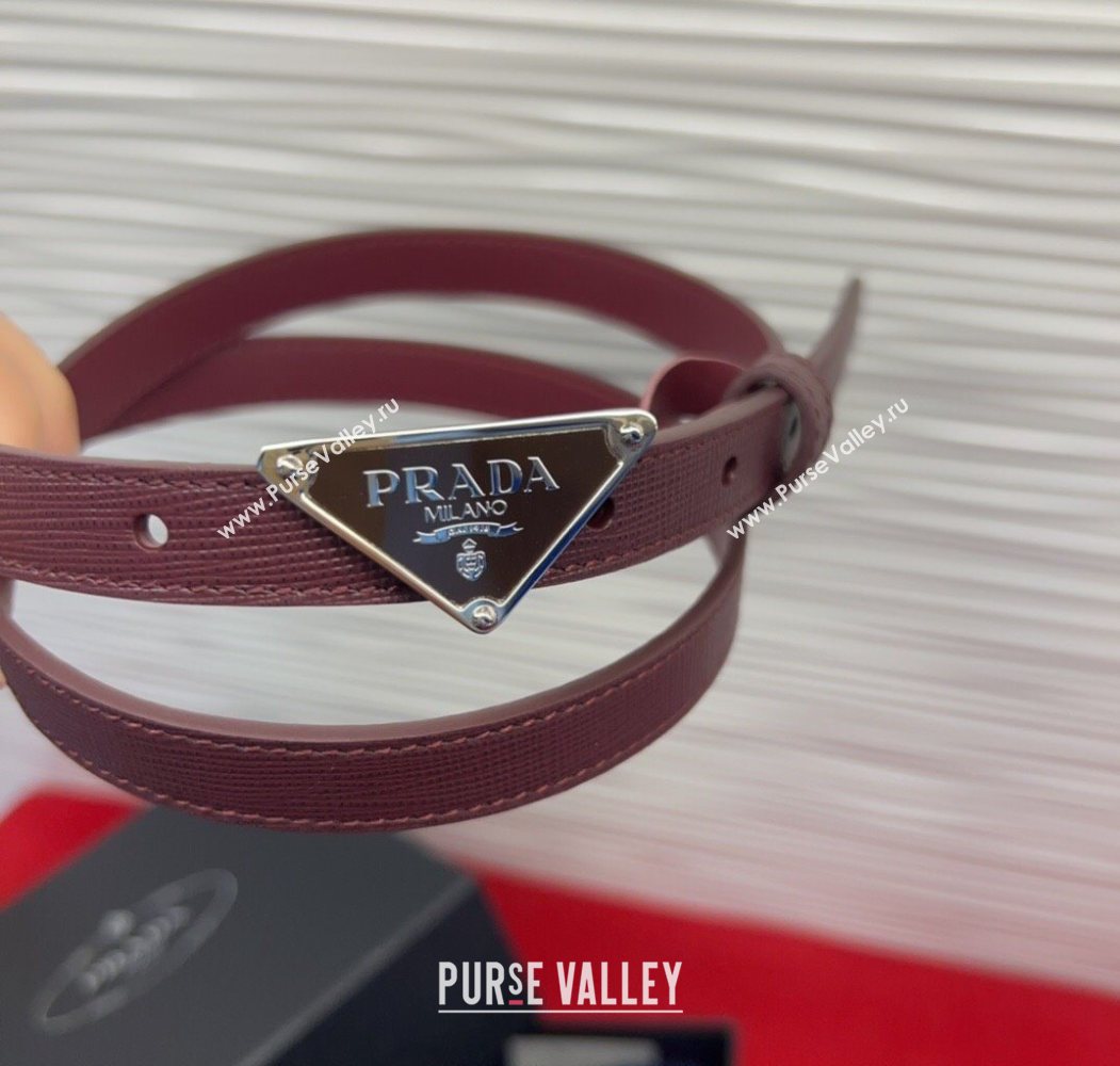 Prada Saffiano Leather Belt 1.5cm with Silver Triangle Logo Buckle Burgundy 2025 PR091201 (99-250912151)