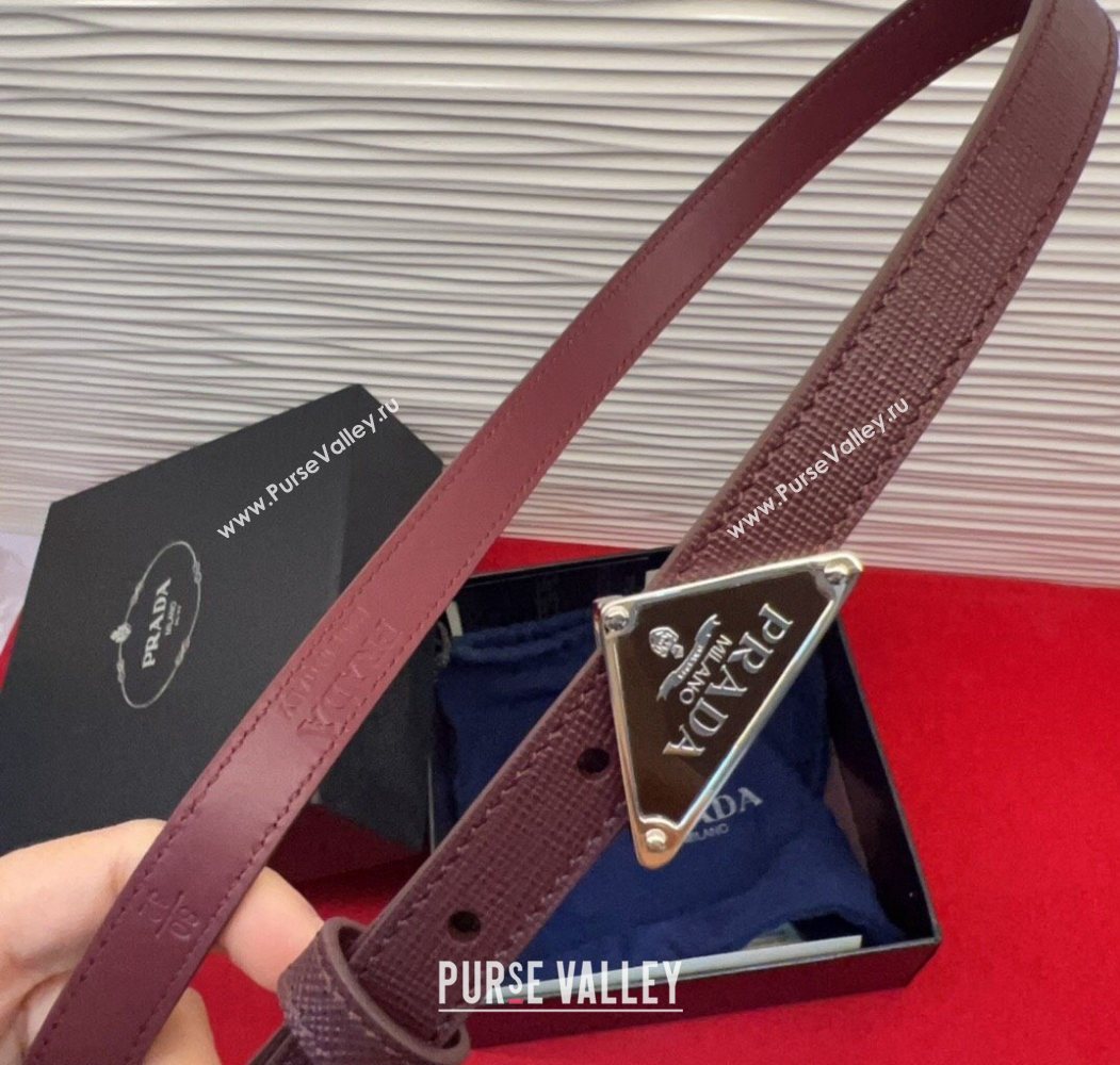 Prada Saffiano Leather Belt 1.5cm with Silver Triangle Logo Buckle Burgundy 2025 PR091201 (99-250912151)