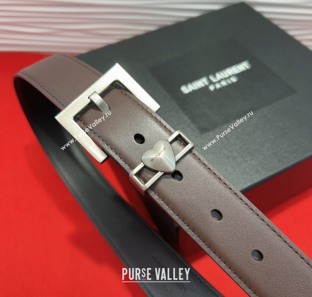 Saint Laurent Calfskin Leather Belt 3cm with Heart Charm Dark Brown/Silver 2025 YSL091201 (99-250912024)