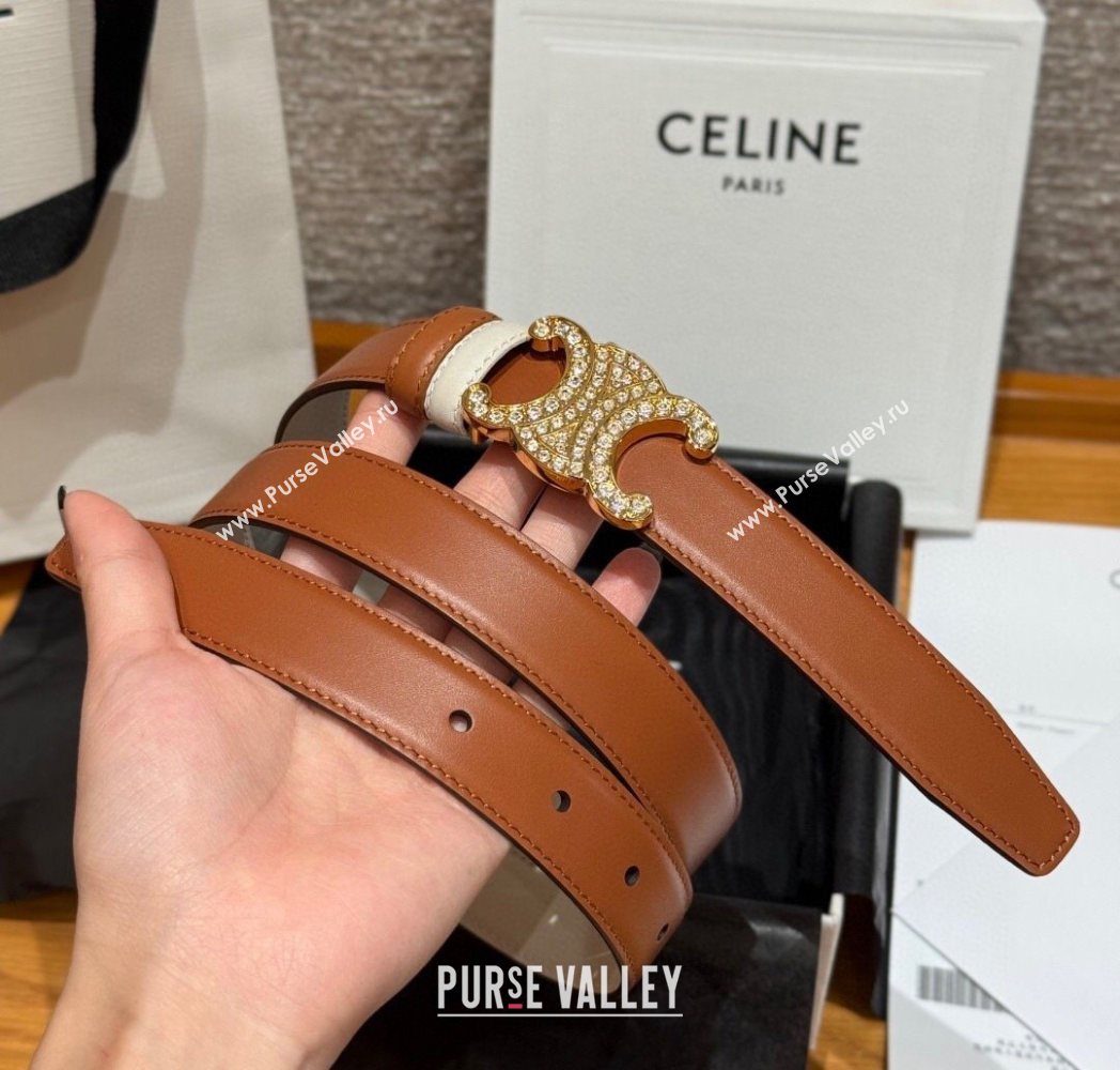 Celine Triomphe Calfskin Leather Belt 2.5cm with Strass Brown/White 2025 CE091104 (99-250911117)