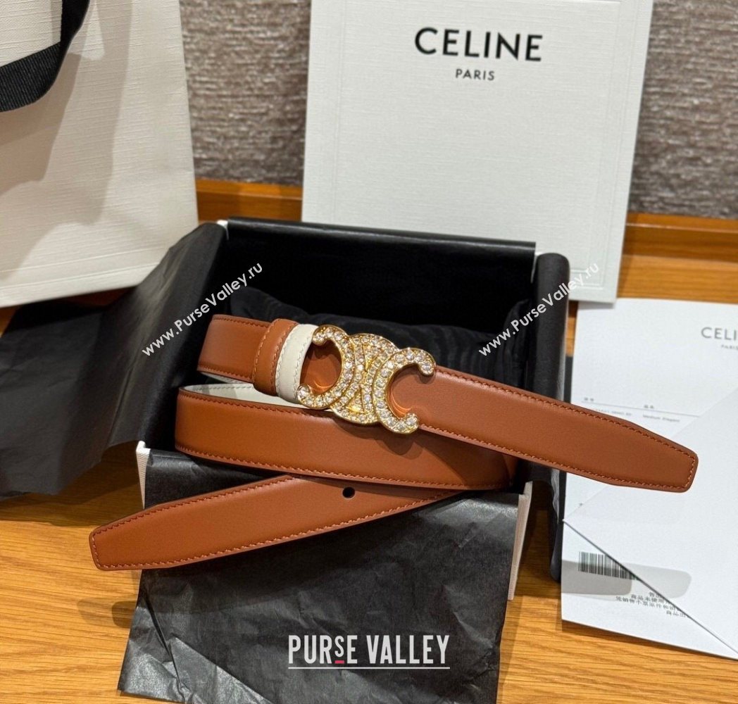 Celine Triomphe Calfskin Leather Belt 2.5cm with Strass Brown/White 2025 CE091104 (99-250911117)