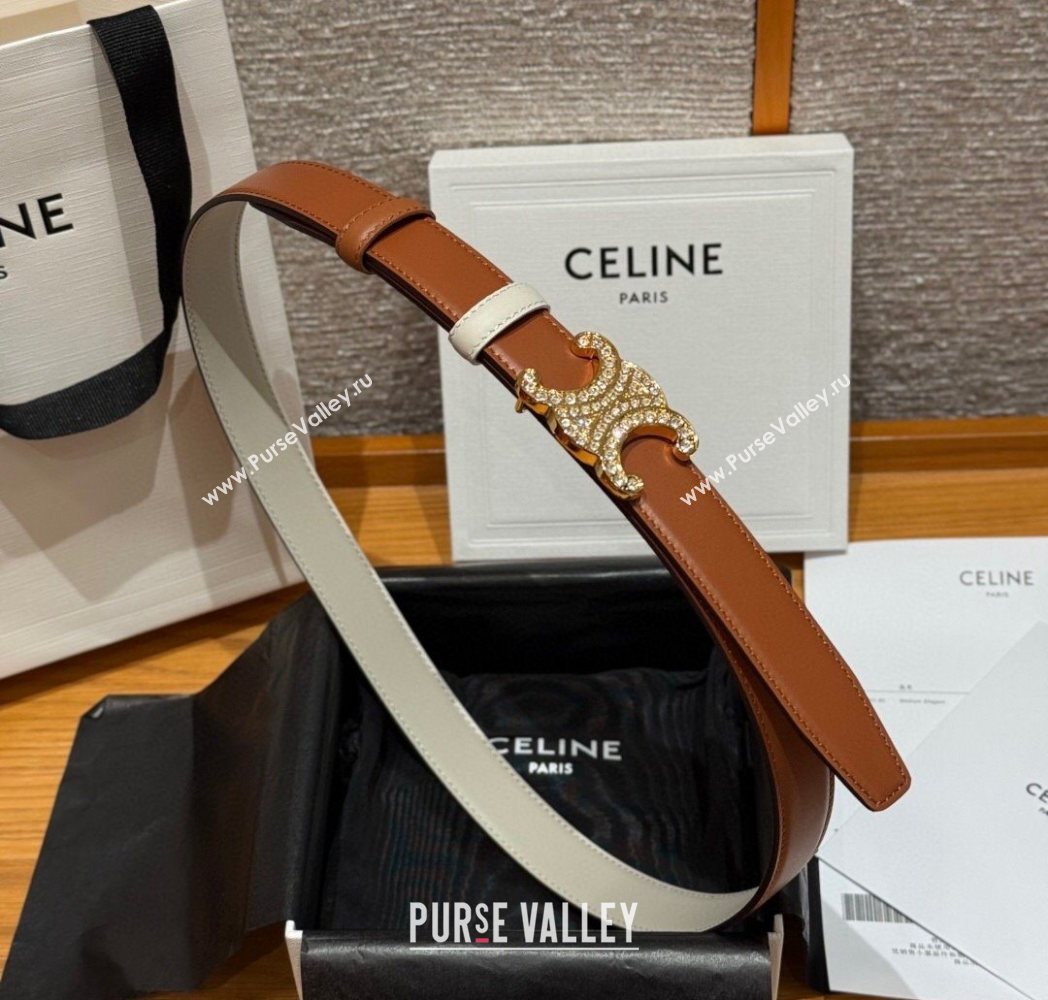 Celine Triomphe Calfskin Leather Belt 2.5cm with Strass Brown/White 2025 CE091104 (99-250911117)
