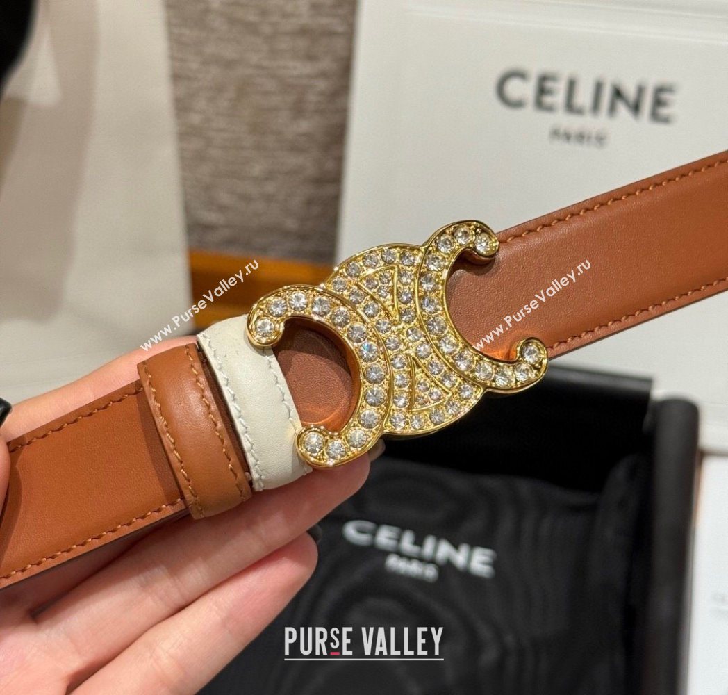 Celine Triomphe Calfskin Leather Belt 2.5cm with Strass Brown/White 2025 CE091104 (99-250911117)