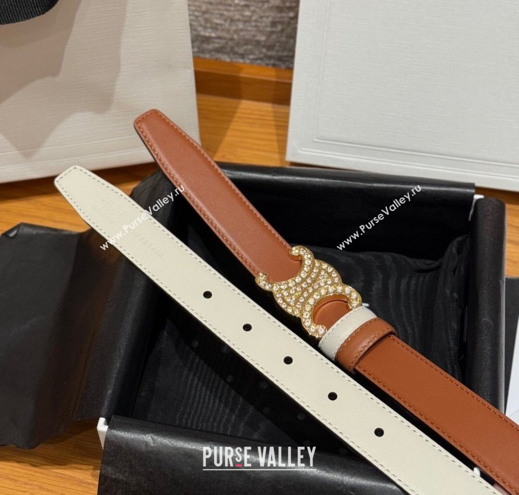 Celine Triomphe Calfskin Leather Belt 2.5cm with Strass Brown/White 2025 CE091104 (99-250911117)