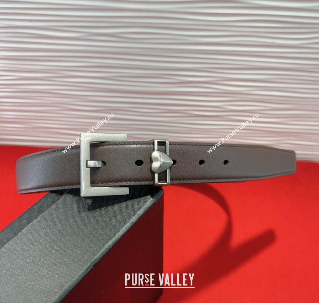 Saint Laurent Calfskin Leather Belt 3cm with Heart Charm Dark Brown/Silver 2025 YSL091201 (99-250912024)