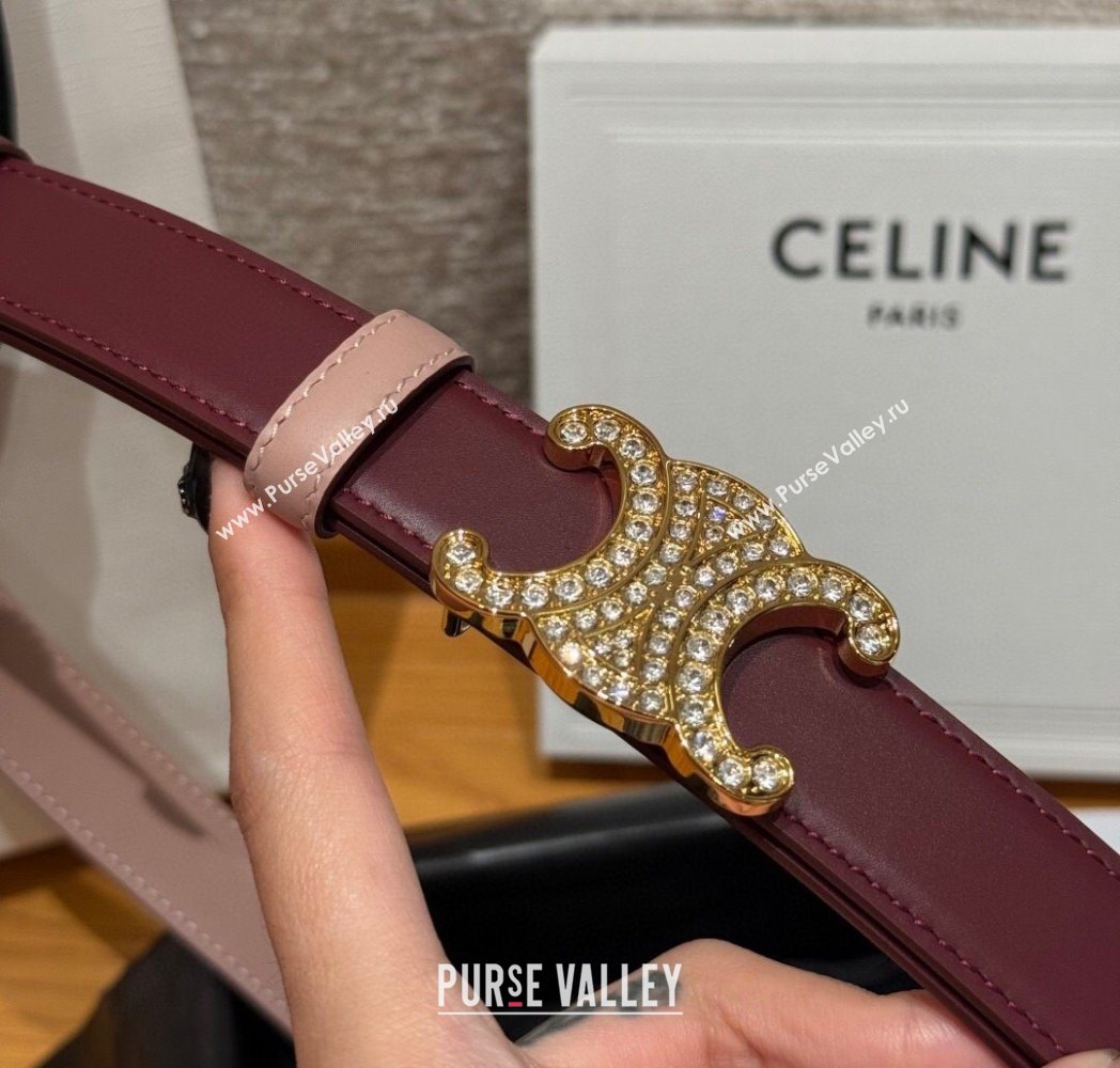 Celine Triomphe Calfskin Leather Belt 2.5cm with Strass Burgundy/Pink 2025 CE091104 (99-250911118)
