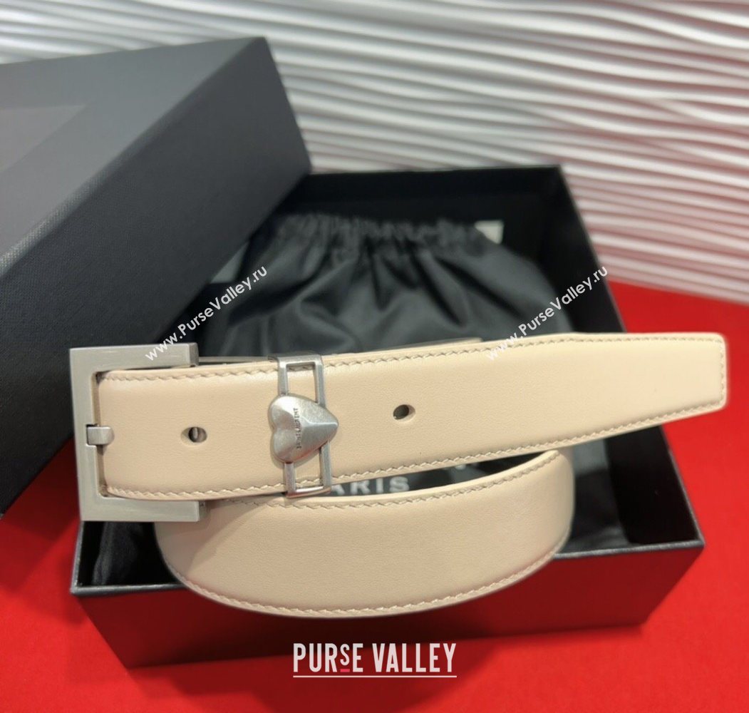 Saint Laurent Calfskin Leather Belt 3cm with Heart Charm Beige/Silver 2025 YSL091201 (99-250912025)