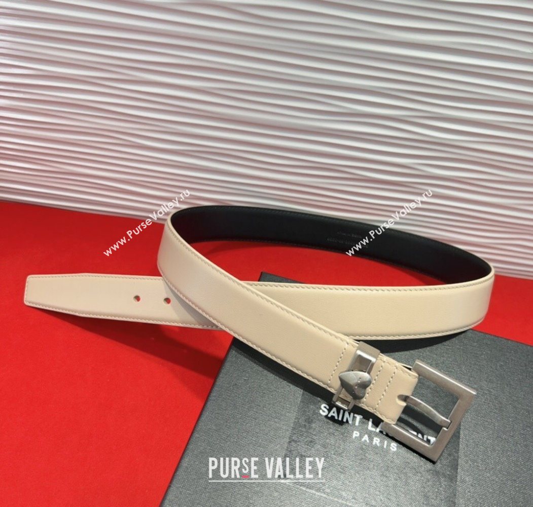 Saint Laurent Calfskin Leather Belt 3cm with Heart Charm Beige/Silver 2025 YSL091201 (99-250912025)