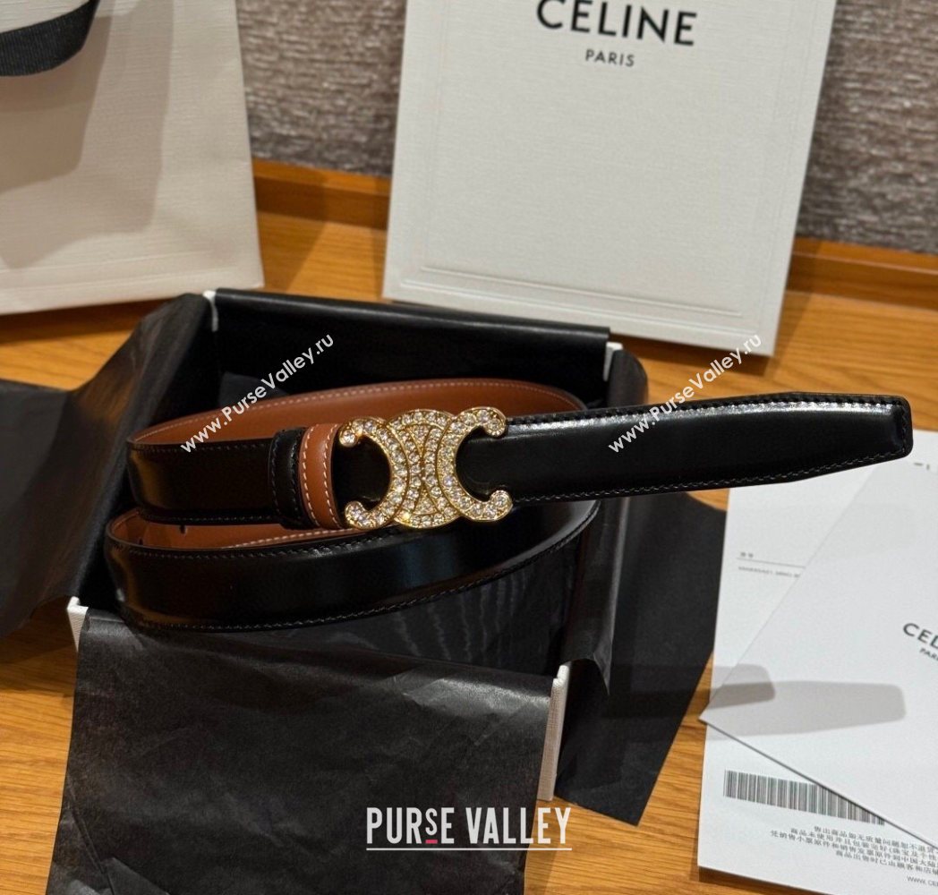 Celine Triomphe Calfskin Leather Belt 2.5cm with Strass Brown/Black 2025 CE091104 (99-250911121)