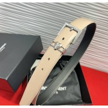 Saint Laurent Calfskin Leather Belt 3cm with Heart Charm Beige/Silver 2025 YSL091201 (99-250912025)