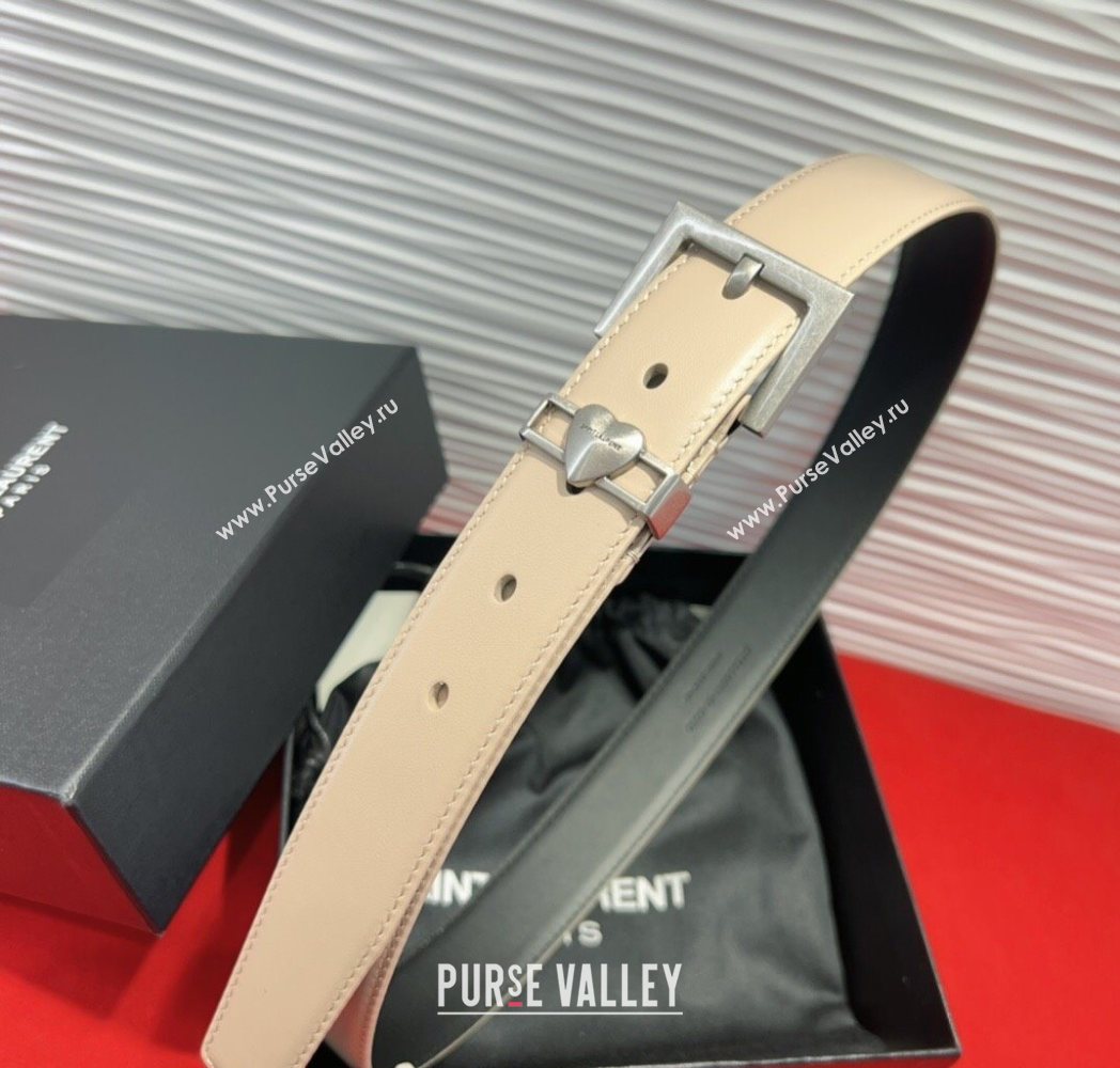 Saint Laurent Calfskin Leather Belt 3cm with Heart Charm Beige/Silver 2025 YSL091201 (99-250912025)