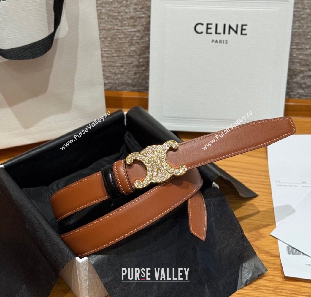 Celine Triomphe Calfskin Leather Belt 2.5cm with Strass Brown/Black 2025 CE091104 (99-250911121)