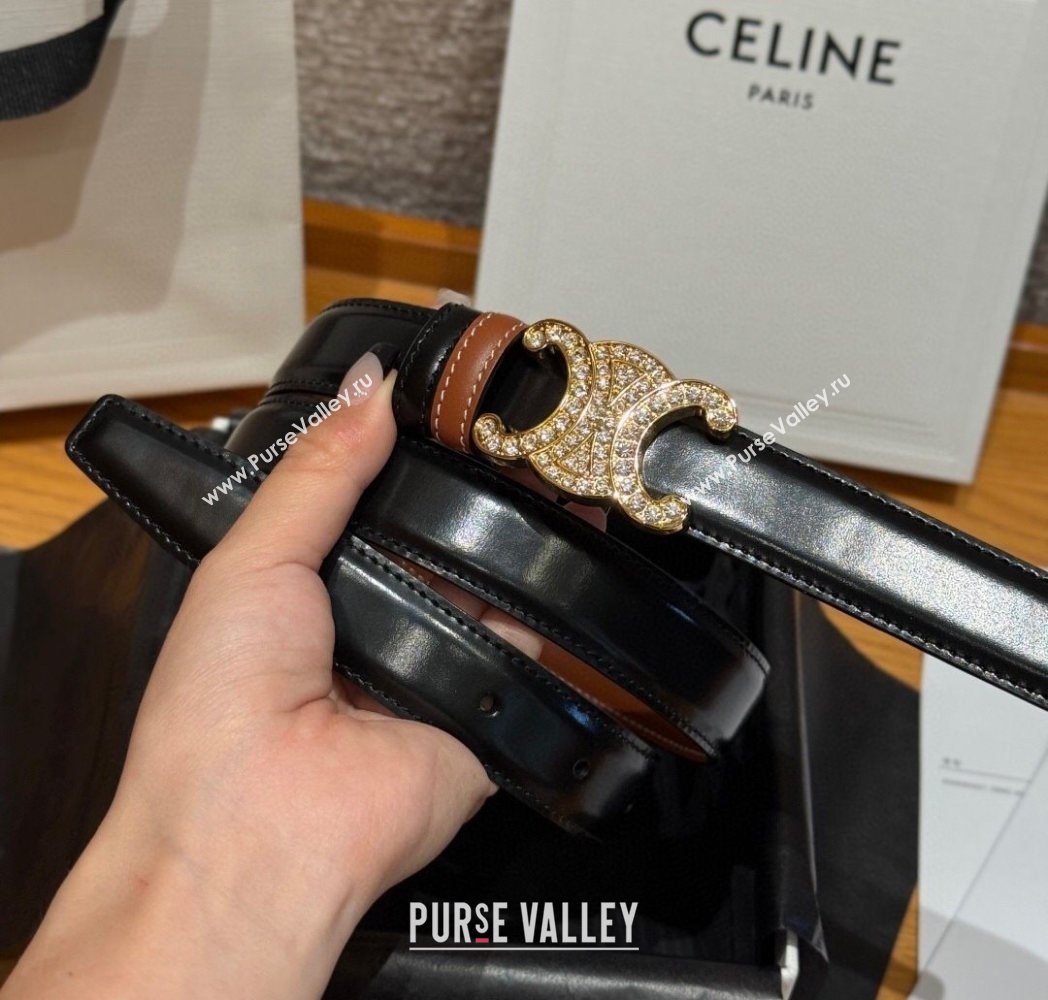 Celine Triomphe Calfskin Leather Belt 2.5cm with Strass Brown/Black 2025 CE091104 (99-250911121)