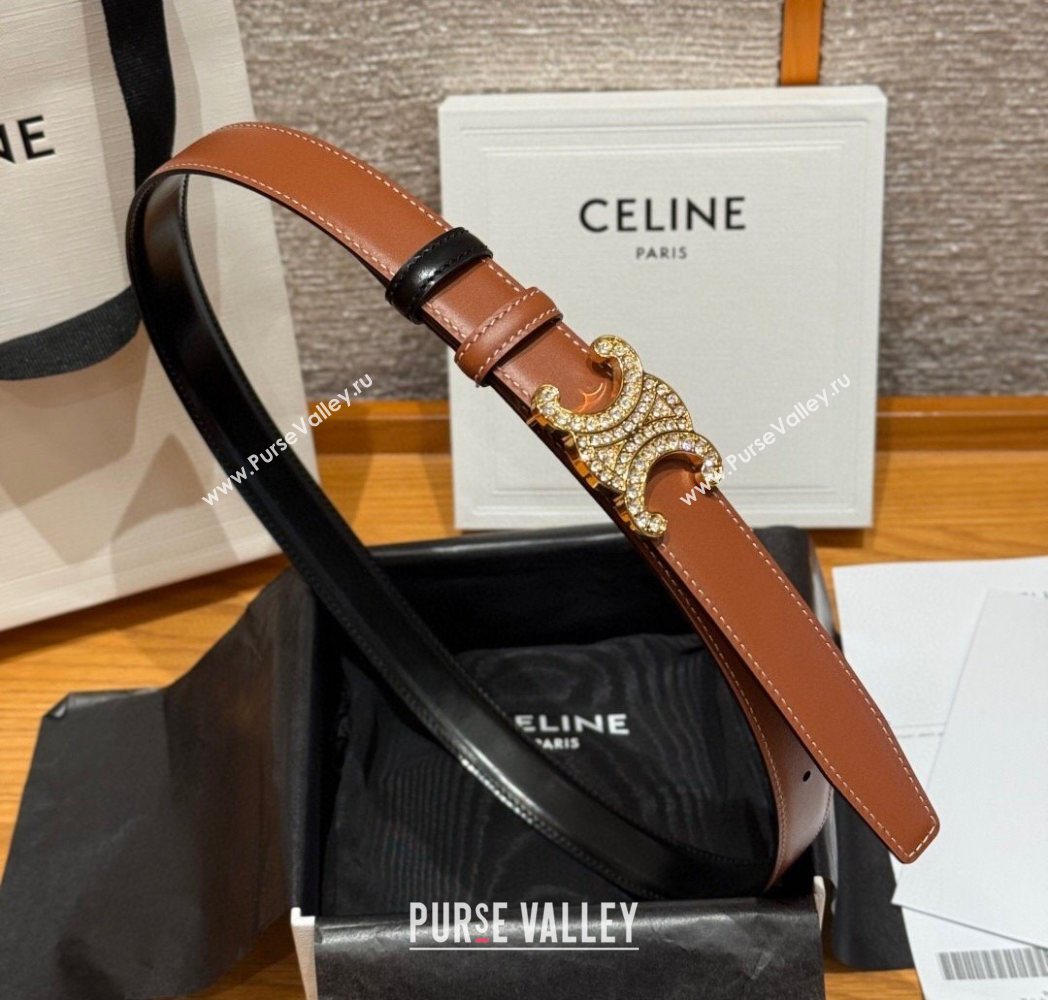 Celine Triomphe Calfskin Leather Belt 2.5cm with Strass Brown/Black 2025 CE091104 (99-250911121)