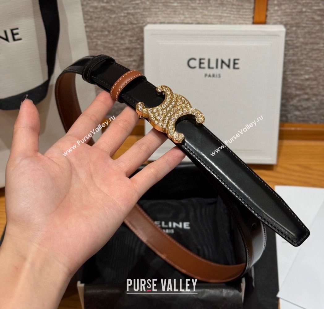 Celine Triomphe Calfskin Leather Belt 2.5cm with Strass Brown/Black 2025 CE091104 (99-250911121)