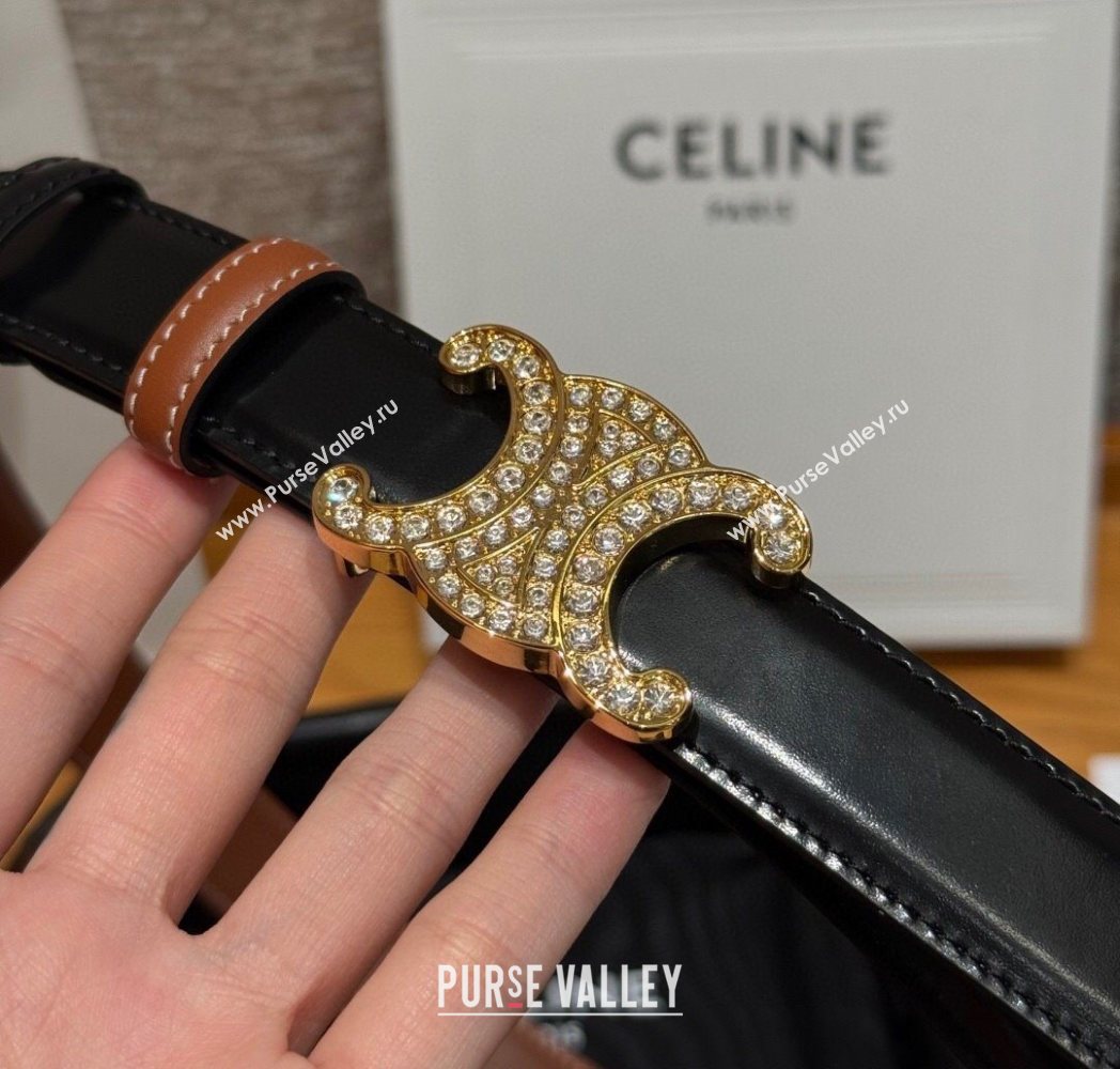 Celine Triomphe Calfskin Leather Belt 2.5cm with Strass Brown/Black 2025 CE091104 (99-250911121)