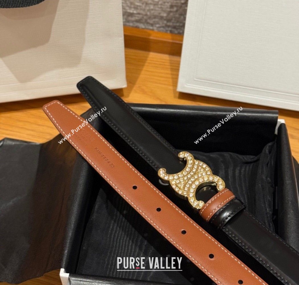 Celine Triomphe Calfskin Leather Belt 2.5cm with Strass Brown/Black 2025 CE091104 (99-250911121)