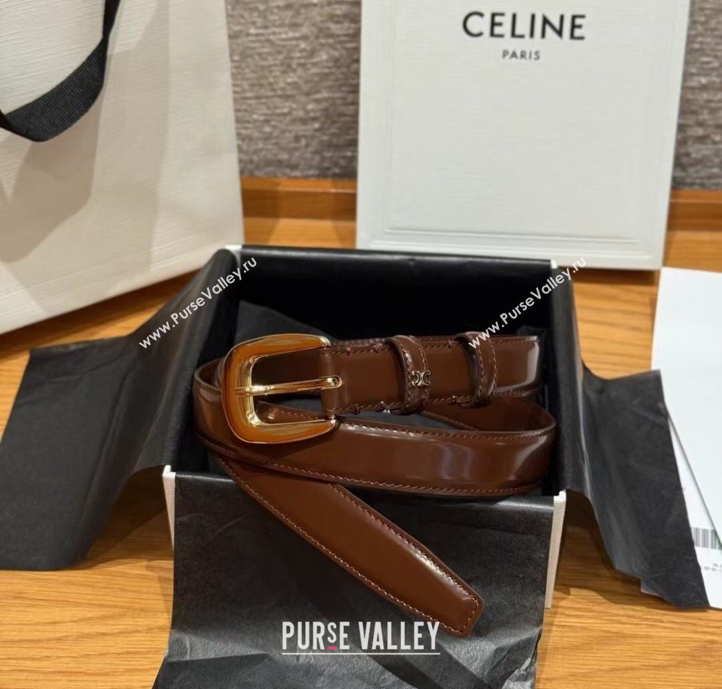 Celine Shiny Calfskin Belt 2.5cm with Pin Buckle Brown 2025 CE091105 (99-250911122)