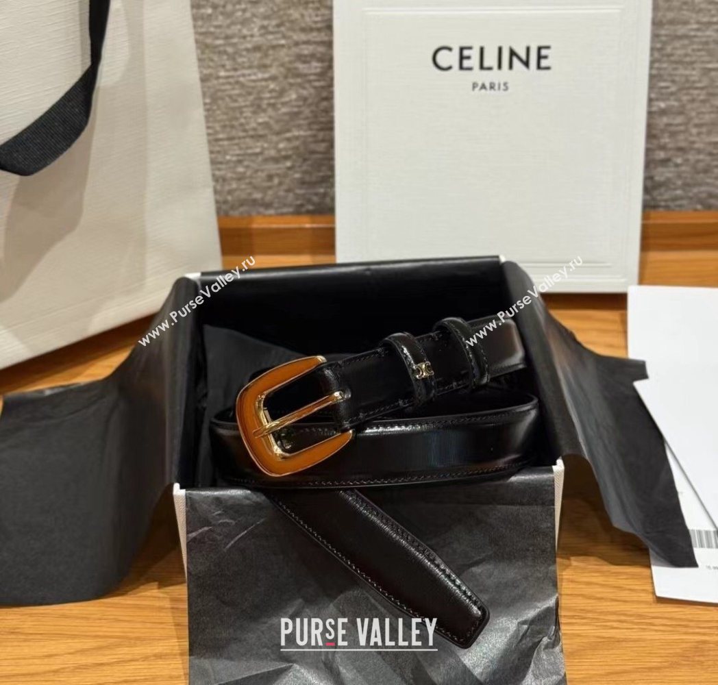 Celine Shiny Calfskin Belt 2.5cm with Pin Buckle Black 2025 CE091105 (99-250911123)