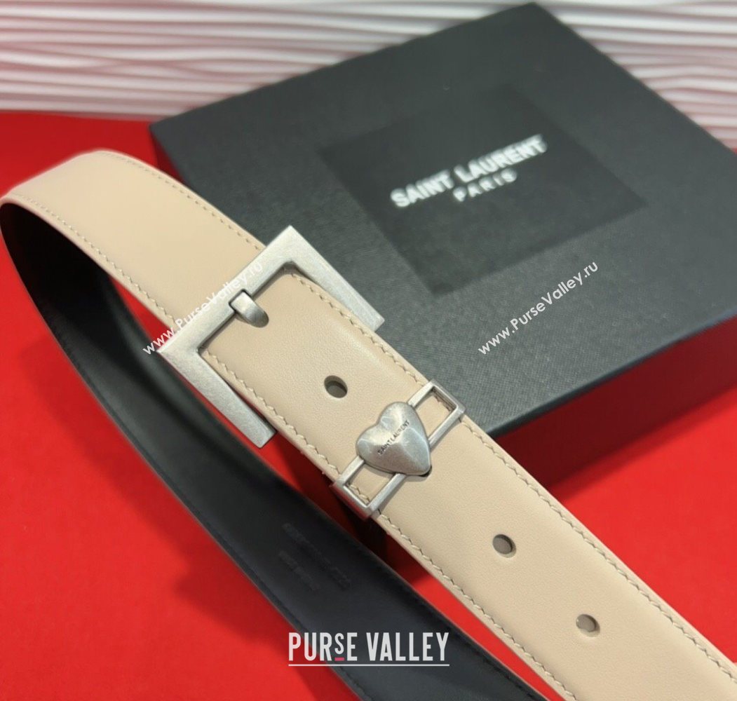 Saint Laurent Calfskin Leather Belt 3cm with Heart Charm Beige/Silver 2025 YSL091201 (99-250912025)