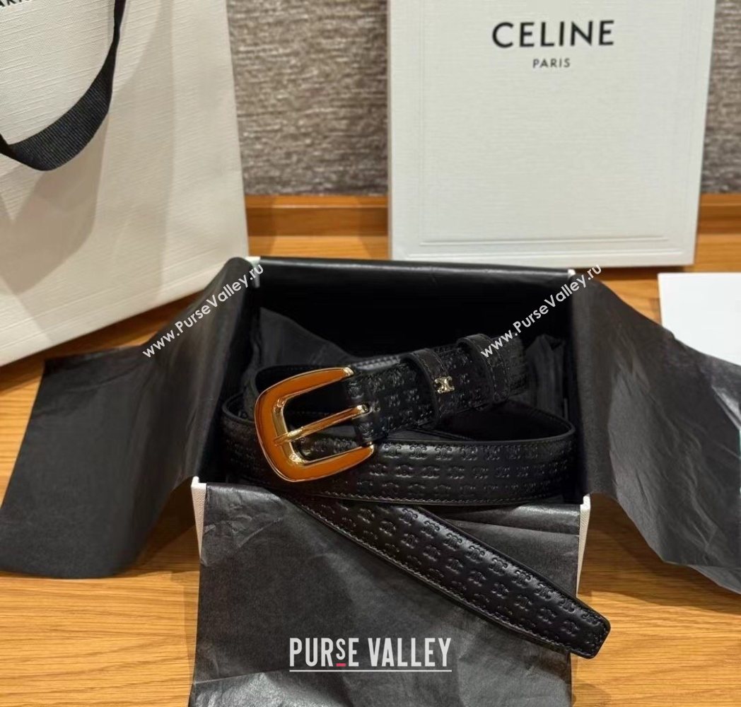 Celine Logo Embossed Calfskin Belt 2.5cm with Pin Buckle Black 2025 CE091105 (99-250911124)