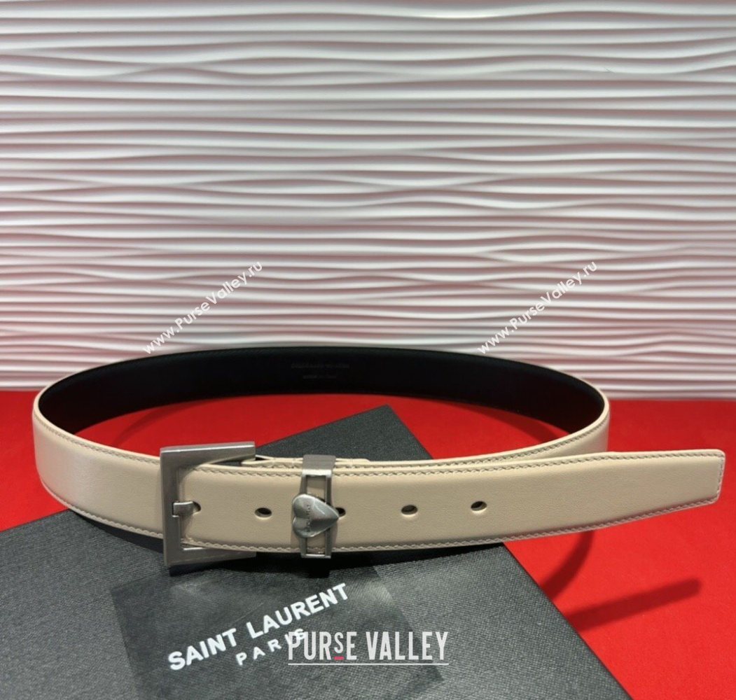 Saint Laurent Calfskin Leather Belt 3cm with Heart Charm Beige/Silver 2025 YSL091201 (99-250912025)