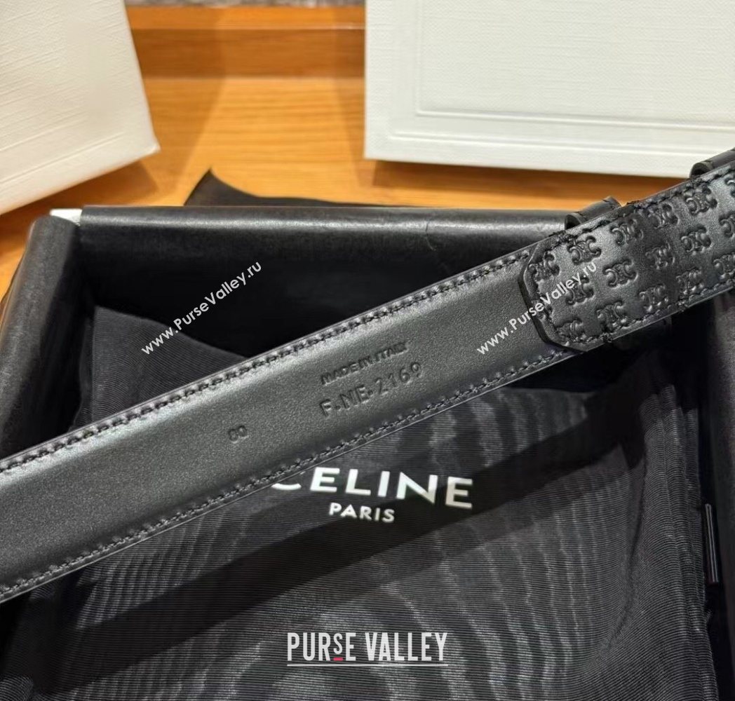 Celine Logo Embossed Calfskin Belt 2.5cm with Pin Buckle Black 2025 CE091105 (99-250911124)