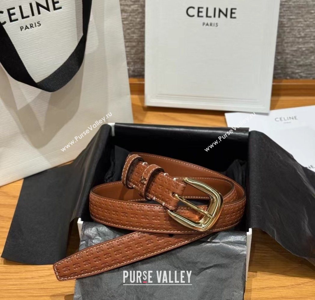 Celine Logo Embossed Calfskin Belt 2.5cm with Pin Buckle Brown 2025 CE091105 (99-250911125)